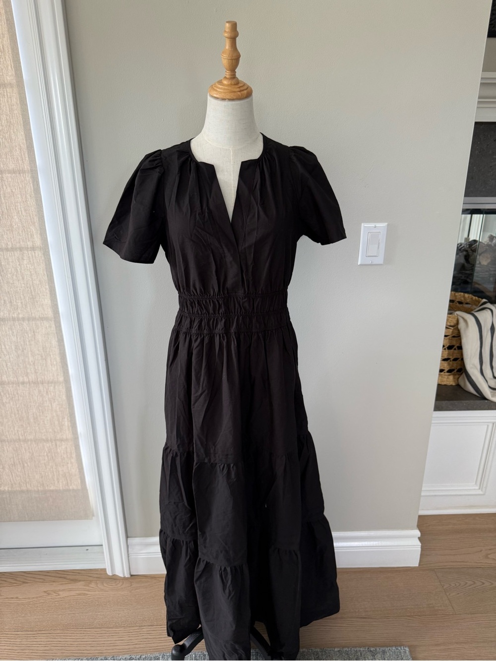 Anthropologie Black Puff-Sleeve Tiered Maxi Dress